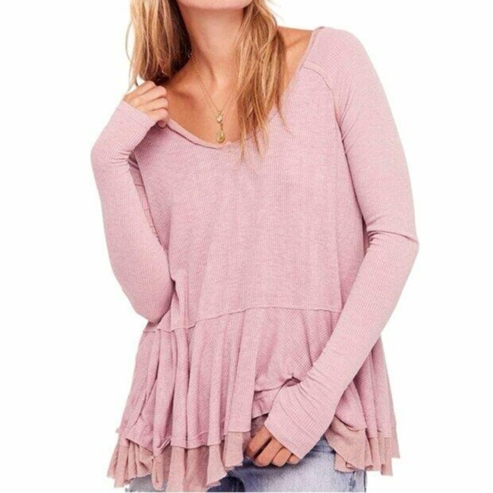 Free People - We The Free Dusty Rose Ribbed Tiered Long Sleeve Blouse Size XS